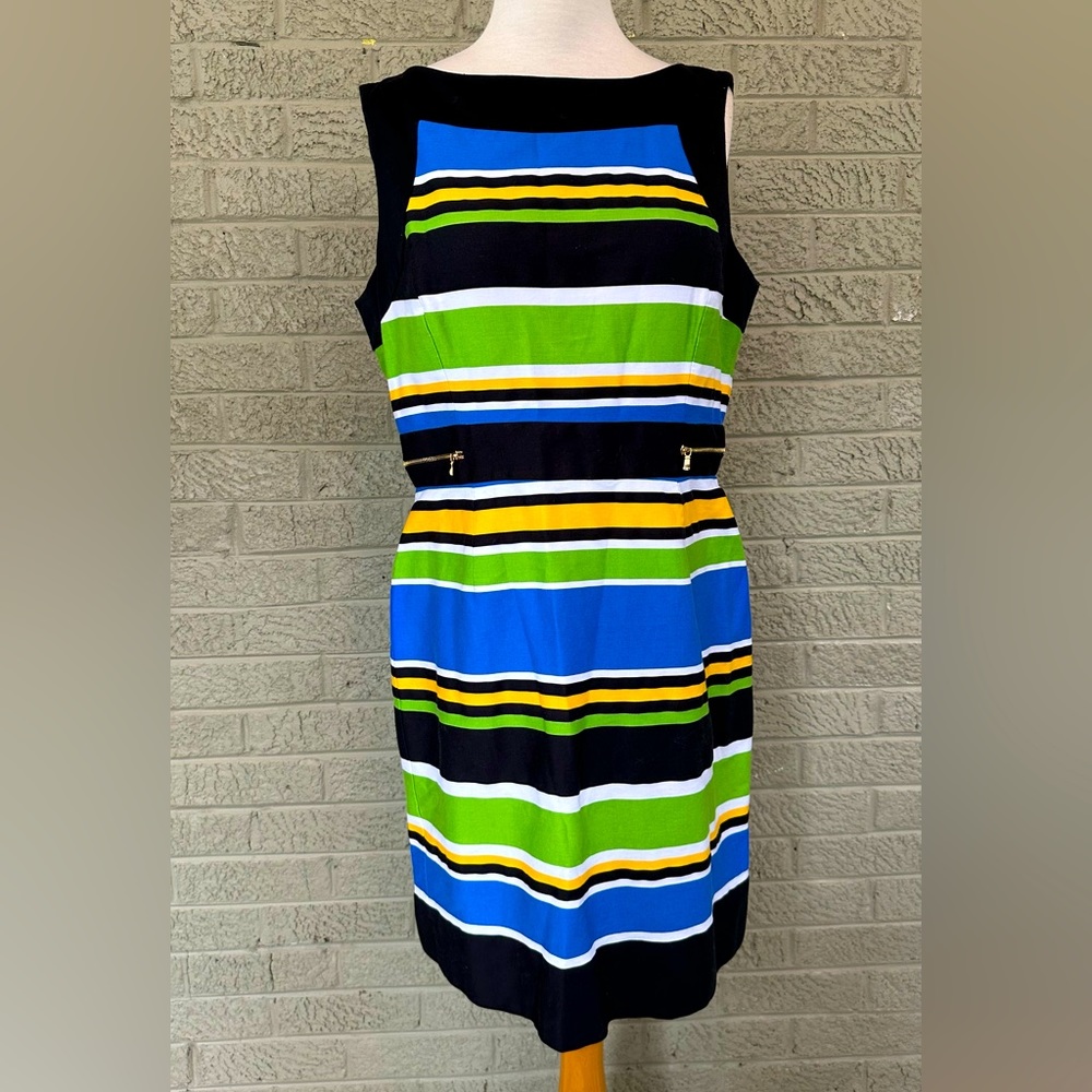 Tahari Sleeveless Multicolor striped Sheath Dress: Size 14